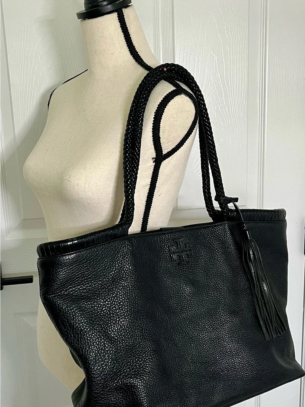 Tory Burch Black Pebbled Leather Braided-Handle Tote with Magnetic Closure